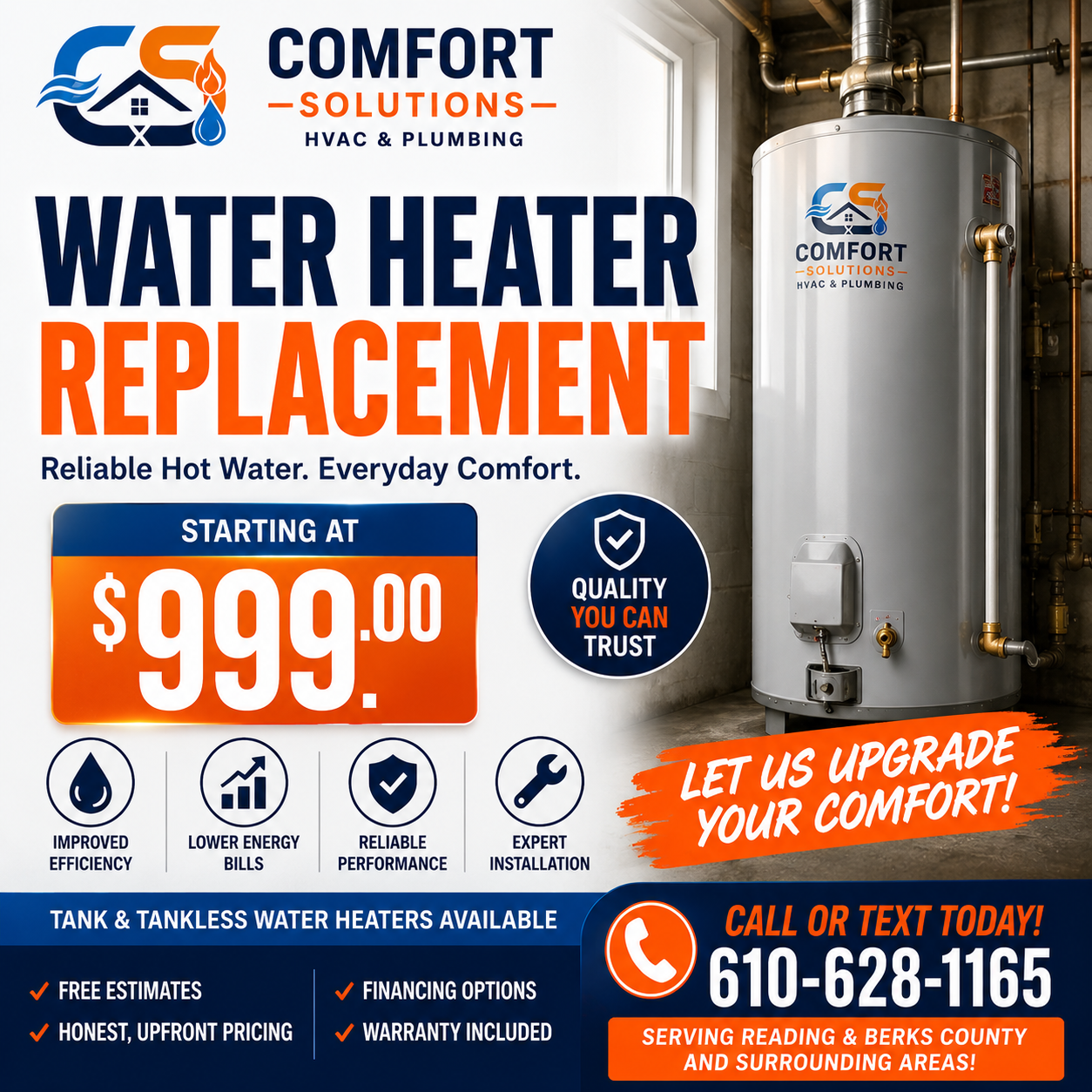 Water heater replacement coupon starting at $999